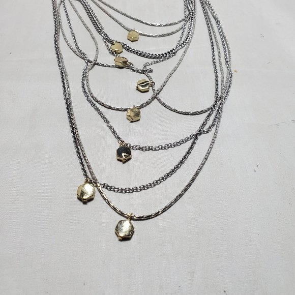 CACHE multi-layered 9-strand layered silver necklace with gold charms - Picture 7 of 9